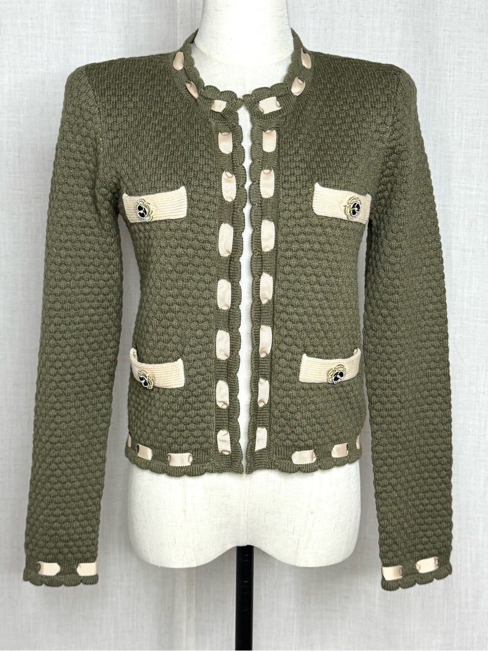 L'AGENCE Astor Cardigan Bubble Stitch Knit Army Biscuit Size XS NWT